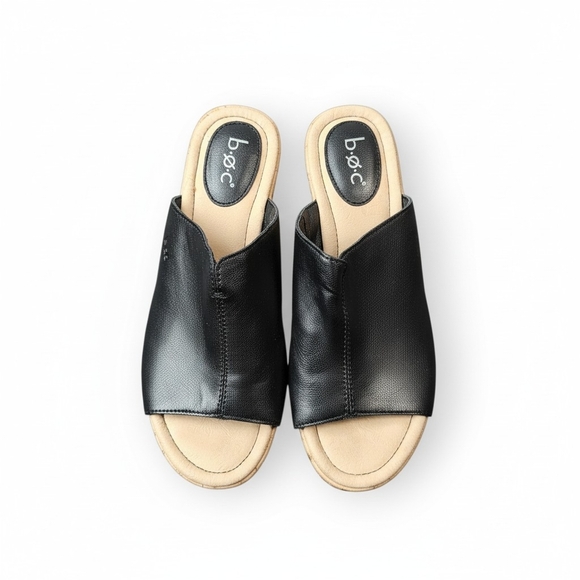 boc Shoes - b.o.c. Born Concept Black Leather Wedge Slide Sandals Women’s Size 8 Comfort